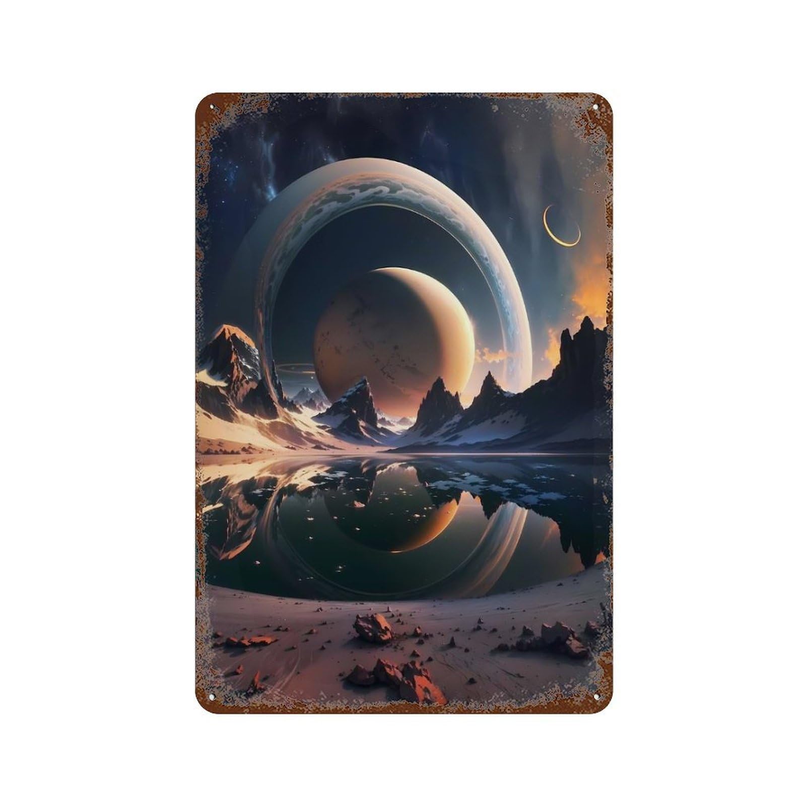 Interstellar Saturn Mirage 11.8"x7.9" Distressed Metal Wall Sign, Retro Wall Decor for Garage, Bar And Workshop Decor