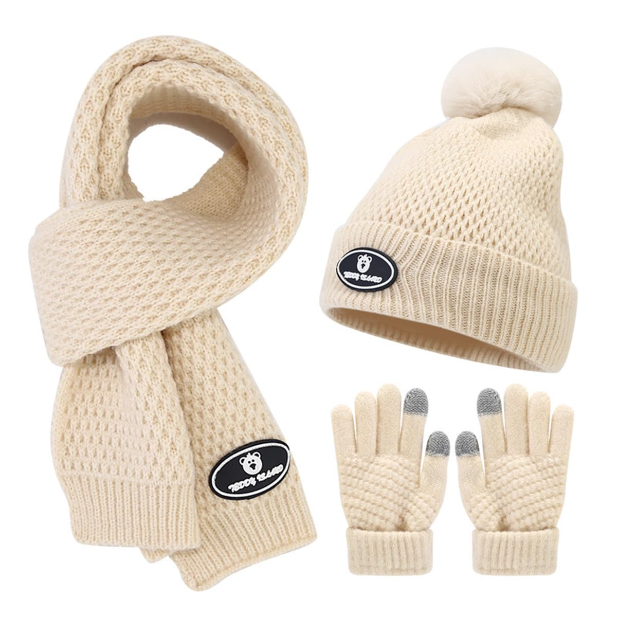 Little Girls Boys Winter Warm Beanie with Pom Pom Fleece Lined Hat Beanies Gloves Long Scarf Set Beige