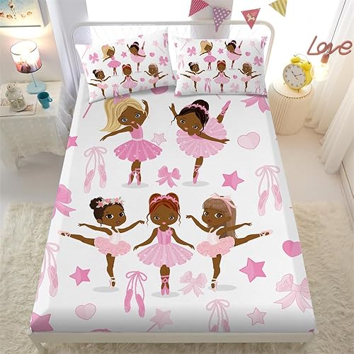 Miniatura 2 de Juego de sábanas bajeras de tamaño Queen con diseño de niña negra afroamericana, bailarina de ballet con corazón y estrella, juego de ropa de cama