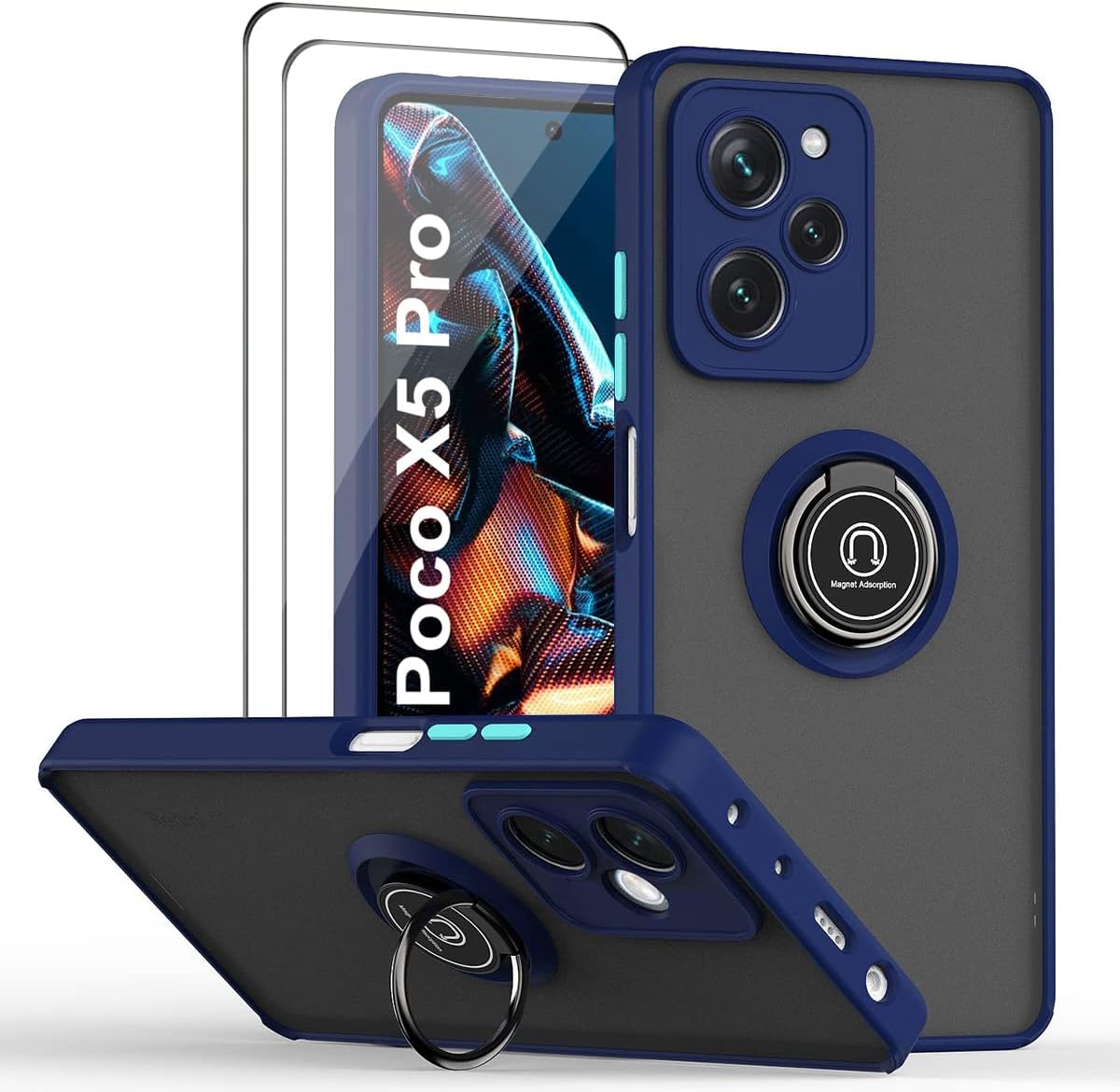 QUIETIP Case Compatible with Xiaomi Poco X5 Pro 5G with Screen Protector,TPU + Hard PC Shockproof Magnetic Ring Car Mount Holder Phone Cover,Blue