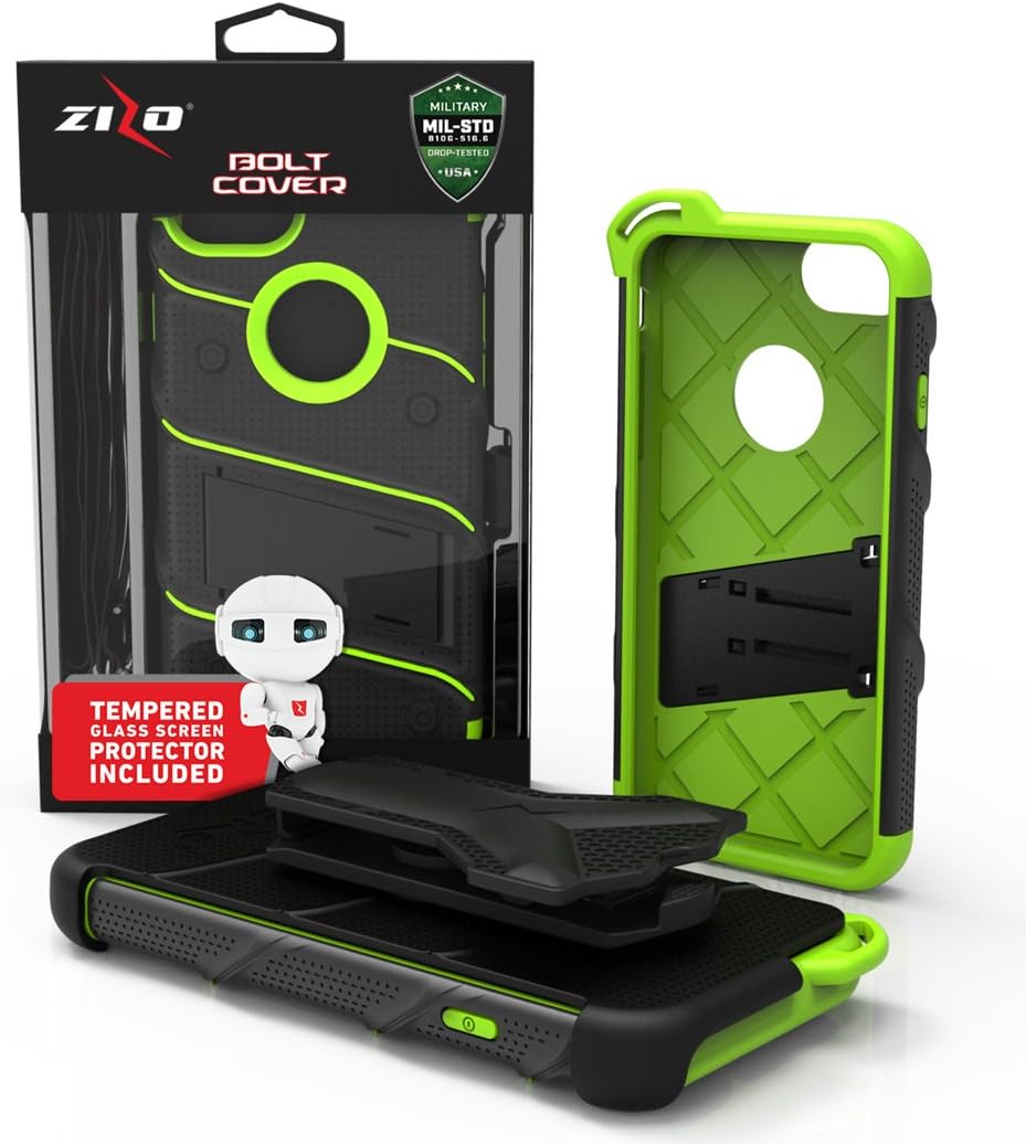 Zizo BOLT Series compatible with iPhone 8 Case Military Grade Drop Tested with Tempered Glass Screen Protector, Holster iPhone 7 case NEON GREEN