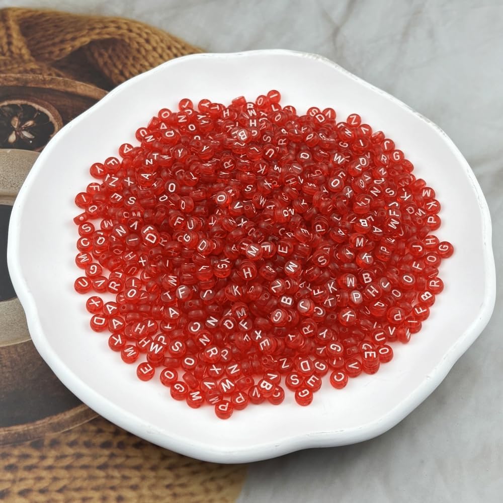 1000pcs Round Letter Beads 4x7mm Acrylic Alphabet Beads Spacer Beads for Jewelry Making Bracelets Necklace Earring Key Chains DIY Craft(E-White Letter Red Bead) - Image 2