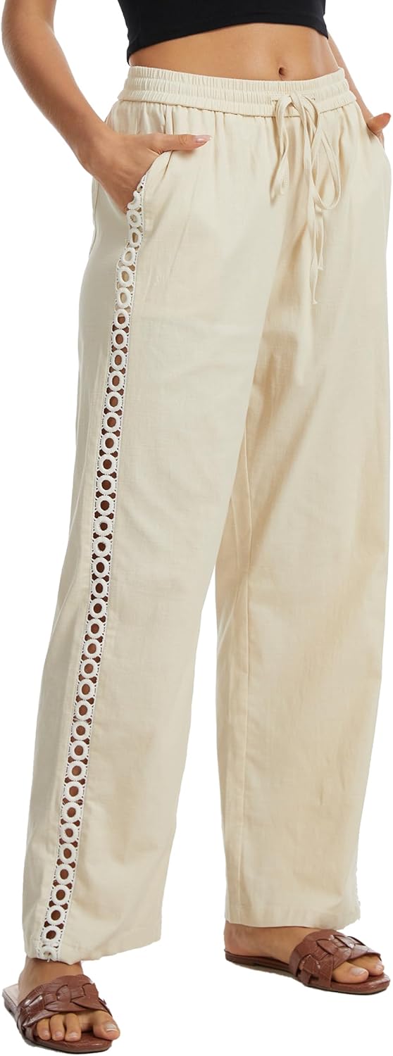 Demoking Womens Linen Pants Wide Leg Casual Palazzo Drawstring Loose Cotton Beach Vacation Clothes for Women with Hollow Side - Image 4
