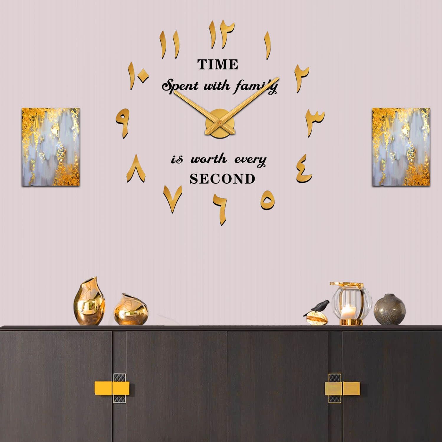VANGOLD Large DIY Wall Clock, 2-Year Warranty Modern 3D Wall Clock with Eastern Arabic Numerals for Home Office Christmas Decorations Gift (Gold)