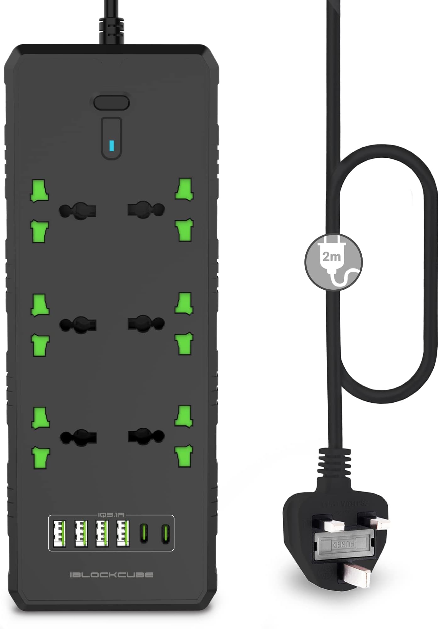 iBlockCube Universal Extension Lead with USB C Ports Power Strip with
