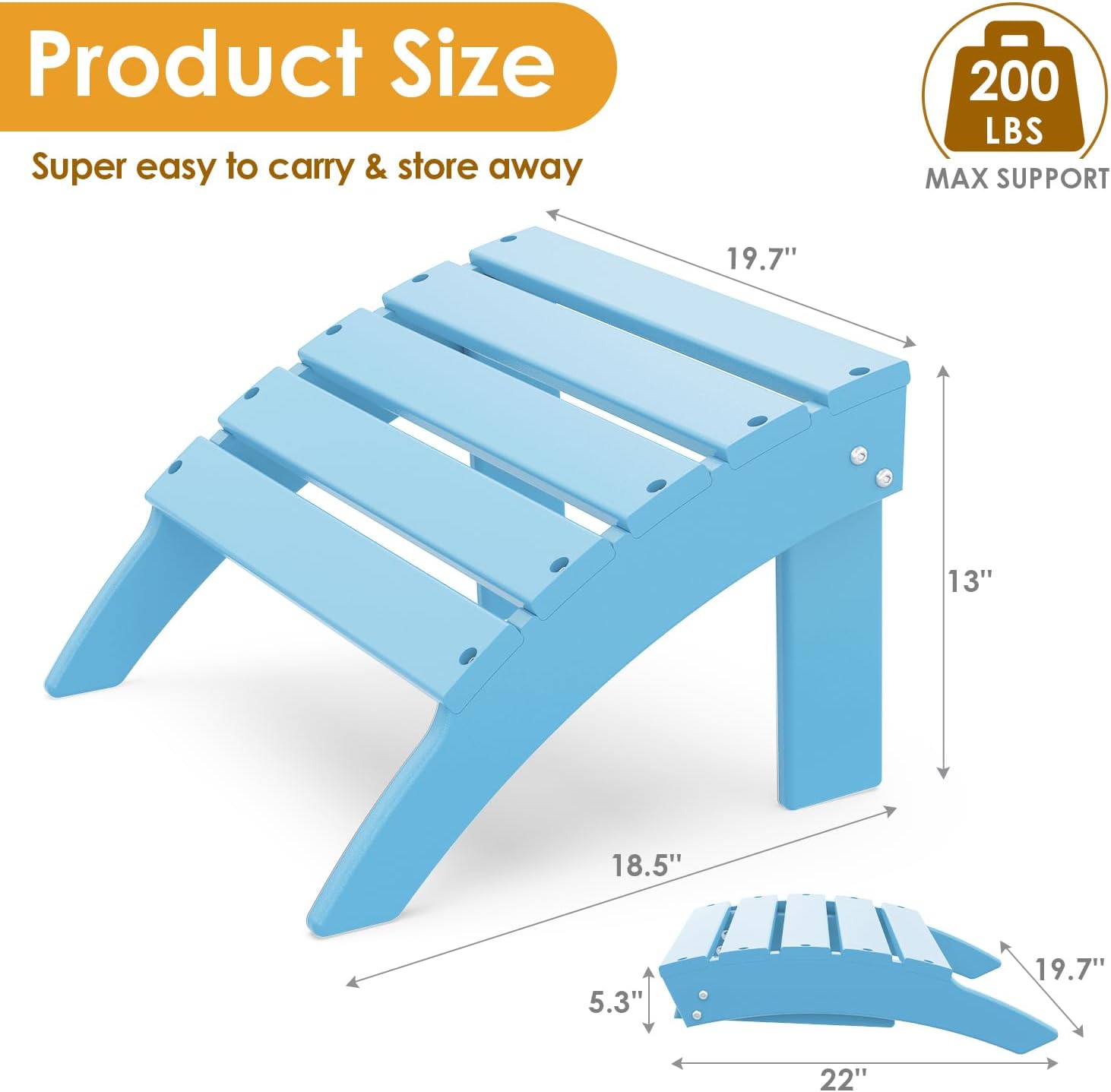 IVY&LANE Outdoor Adirondack Ottoman | Folding | HDPE | Arctic | All Weather | Waterproof Patio Footrest for Adirondack Chair | Poly Lumber Foot Rest for Deck Backyard