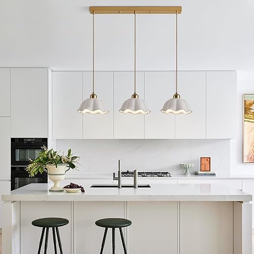 Miniatura 6 de Lámpara colgante colgante de 3 luces doradas para isla de cocina, luz de vidrio de leche vintage, onda blanca ajustable, lámpara de techo colgante