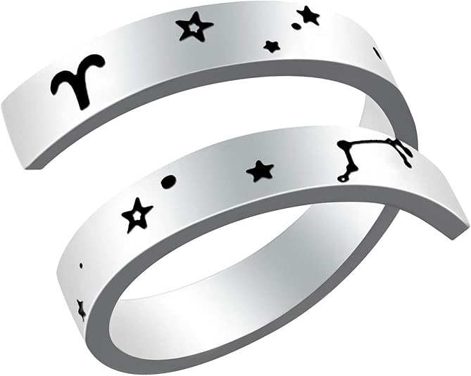 Engraved Zodiac Ring, Surgical 316L Stainless Steel Statement Open Finger Rings, Horoscope Astrology Thumb Band Jewelry Gift for Women Men, US Size 8-9