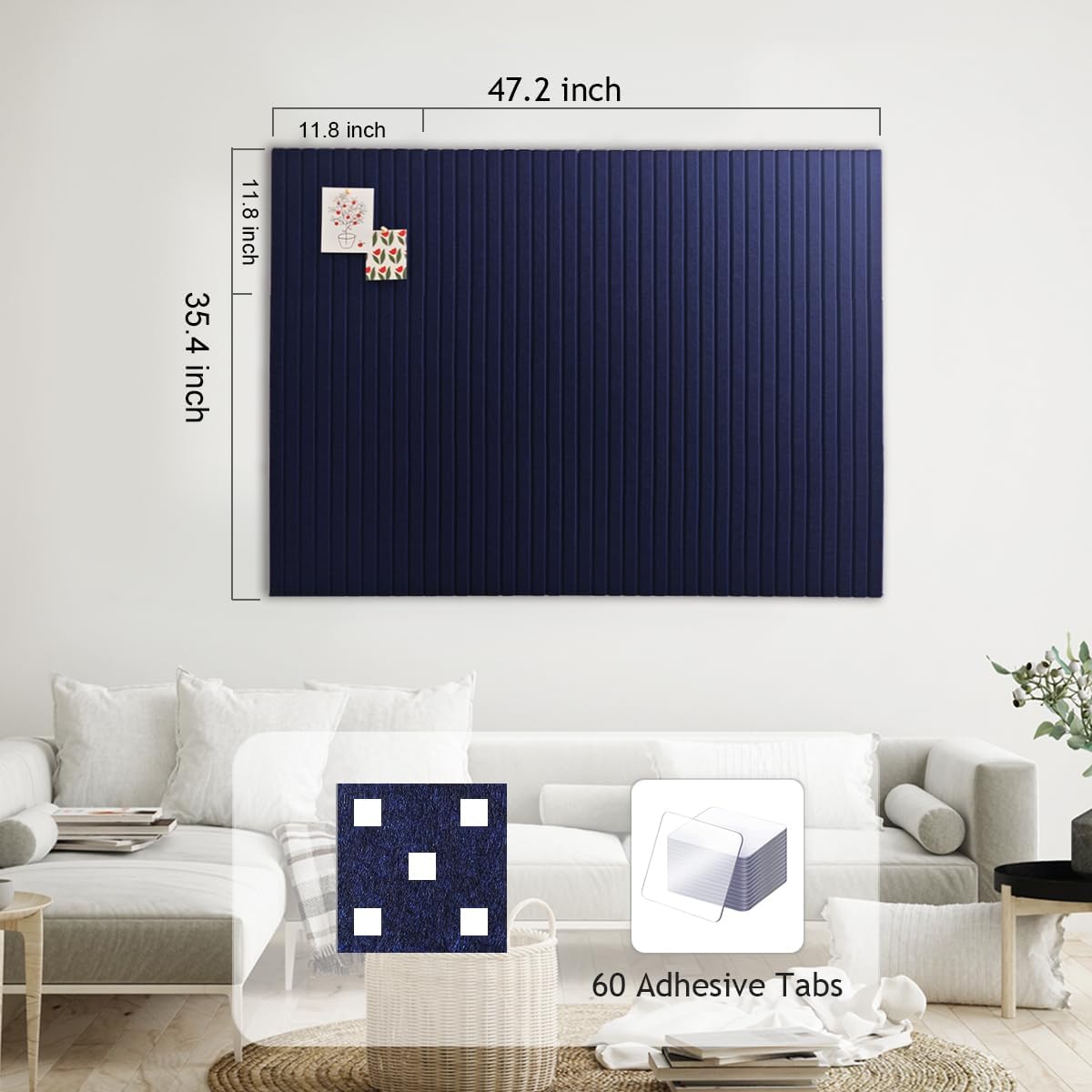 Large Cork Board for Office Decor, 48"x 36" - 1/2” Thick Felt Bulletin Board, 12 Pack Felt Board with Safe Removable Adhesive Tabs, Pin Board Cork Boards for Walls - Dark Blue