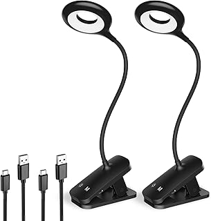 HECDSTLY Paquete de 2 luces de lectura con clip para cabecero de cama, lámpara de cama recargable con batería grande, 5 colores, 5 colores, 5 brillo, luz de libro de brazo flexible por la noche para