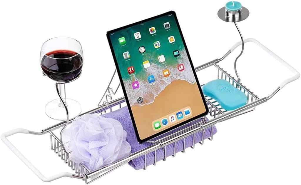 Household Stainless Steel Retractable Bathtub Tray Rack Wine Bookshelf Shower Storage Box Caddy Bathroom