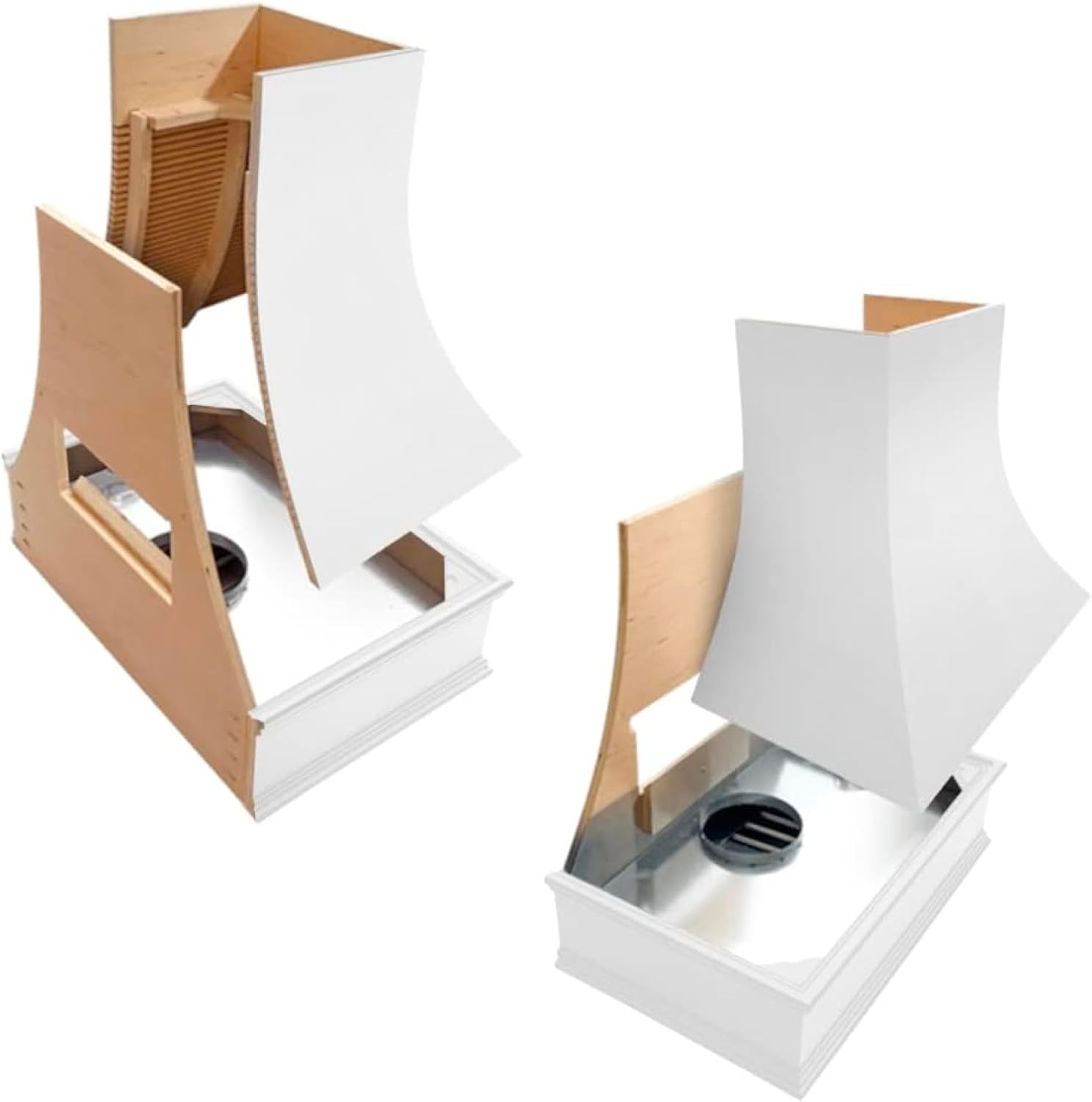 Riley & Higgs White Wood Kitchen Range Hood Cover, Curved Front Wall Mount Vent Hood, Decorative Strapping & Classic Trim, Plywood with Maple, 31.5” W x 36” H