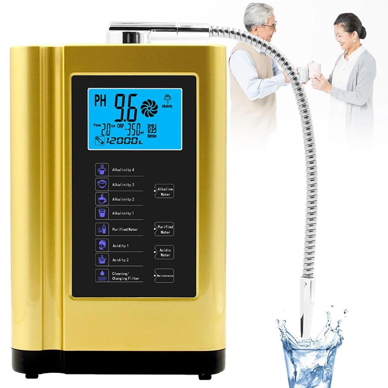 Wasserfiltermaschine, Wasser-Filter Reinigungsmaschine PH 3.5-10.5 Alkalische Säure/7 Wassereinstellungen, Purifier-Machine-Filtrationssystem 500mV ORP / 8000 Liter pro Filter,Gold