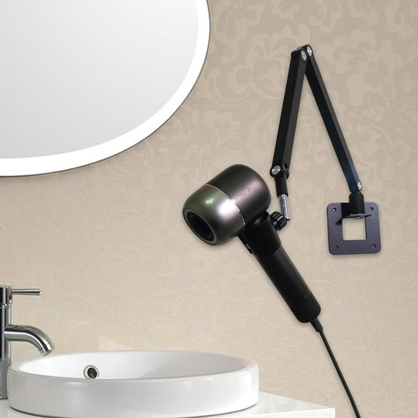 Wandmontage Föhn Halterung, Fönhalter, Ganzmetall, 360° Drehbar, Verstellbarer arm, Klebe/Bohrmontagemöglichkeiten, Geeignet for Badezimmer(Black)