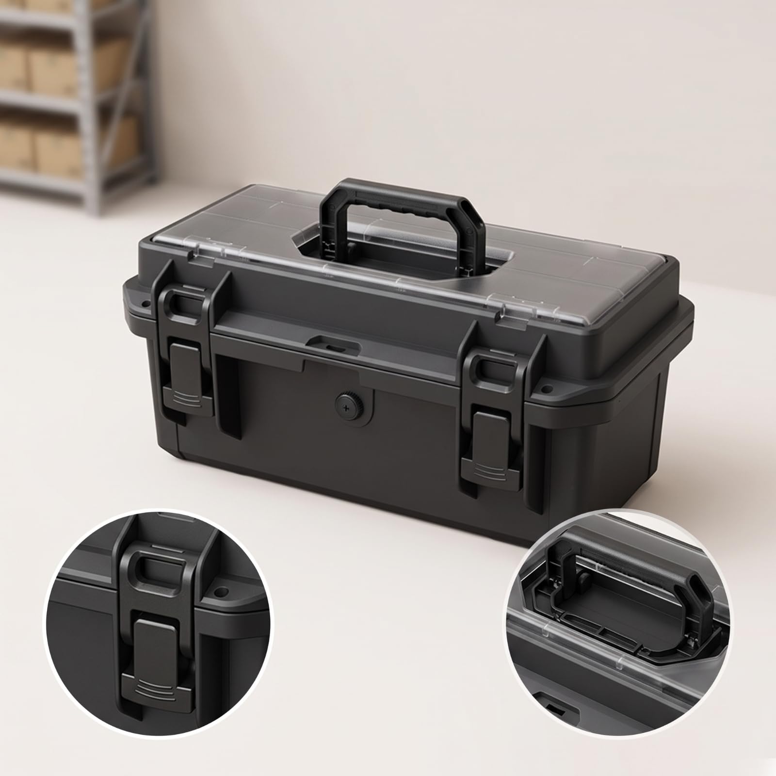 Organizador de Herramientas Caja de Almacenamiento Estuche Apilable Maletín Multiusos con Tapa con y Compartimento Asa de Mano Transporte Fácil PP, Negro, 17 Pulgadas, 2 Capas