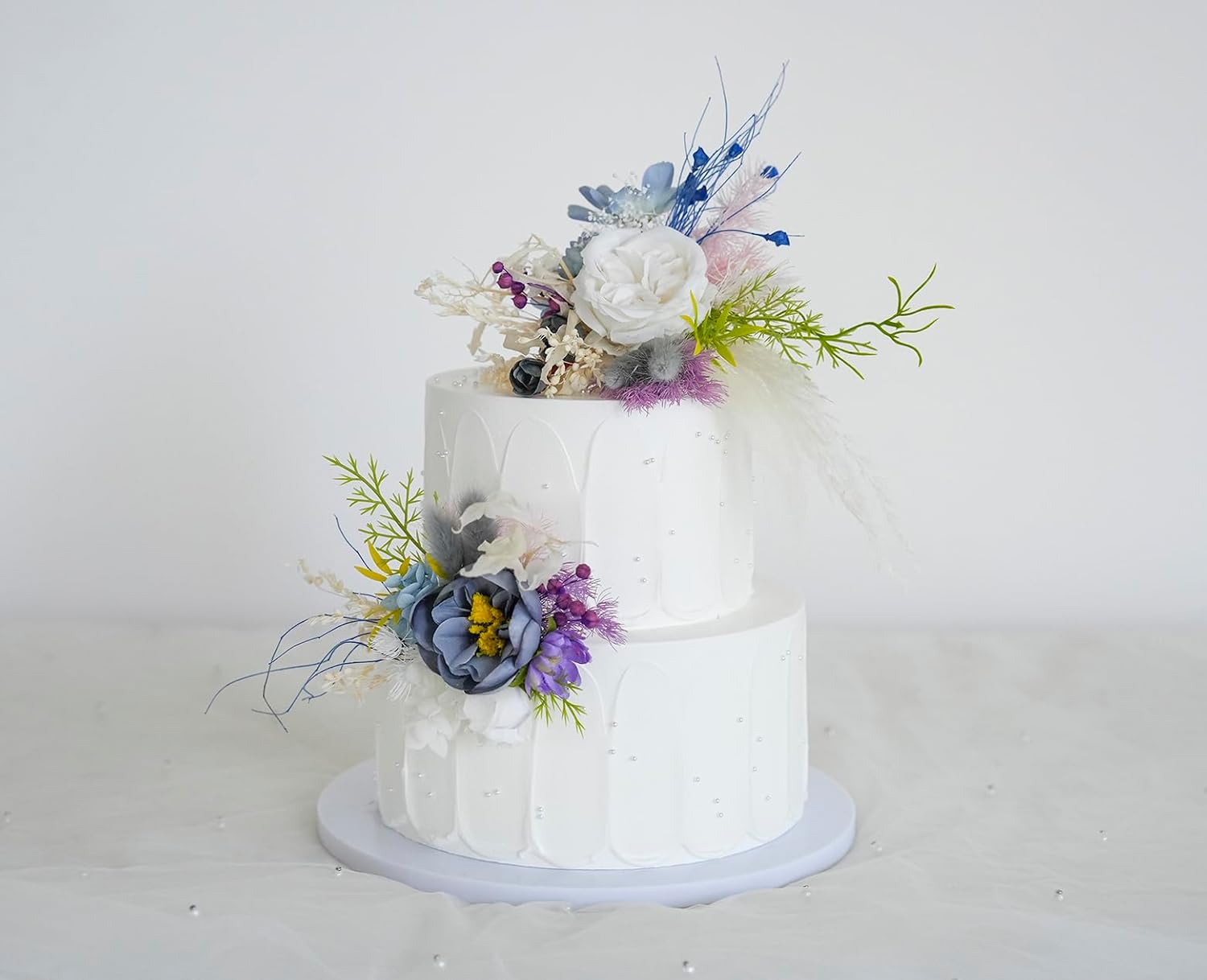 A Set of Two Wedding Cake Topper,Artificial flowers,White pamaps,Grey Blue,Cake Decoration, Wedding cake arrangement
