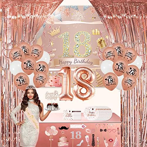 18th Birthday Decorations for Girls,90 PCS Rose Gold 18 birthday decorations for girls,Including Happy 18th Birthday Banner Backdrop,Crown,Hanging Swirl, birthday Balloons, Foil Backdrops,Cake Toppers, Plates, Photo Props, Birthday Sash,18th birthday gifts for girls