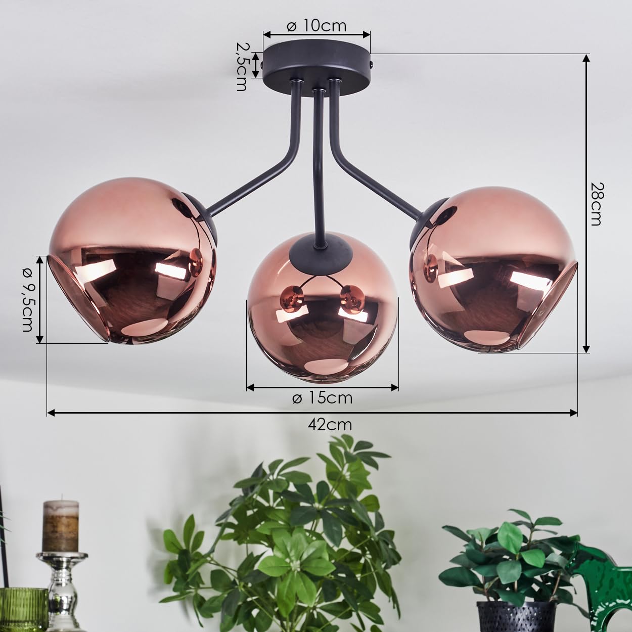 HOFSTEIN Deckenleuchte Ripoll, 3-flammige Deckenlampe aus Metall/Glas in Schwarz/Kupfer, moderne Leuchte im Retro/Vintage-Design (Schirme Ø 15 cm), E14, Esszimmer, Wohnzimmer, Schlafzimmer, Küche