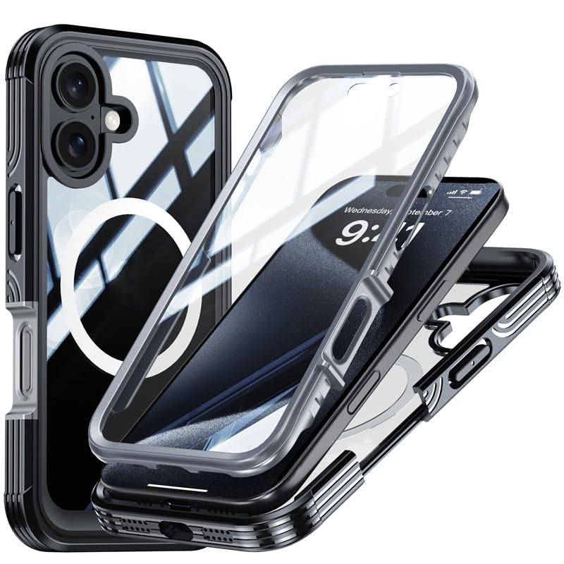 Image of LuxuryKase Shockproof Front & Back Cover for iPhone 16 with Full Body Protection | Strong Grip | Camera & Screen Guard | Wireless Charging Support | Durable TPU+PC Design - Black
