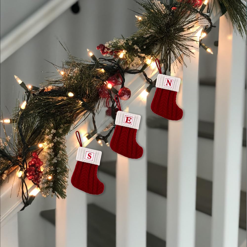 CRSMHLPK 8 Inch Mini Initial Christmas Stocking Monogram Embroidered Christmas Stocking Red,White,Green Knitted Handmade Small Christmas Stocking Decorations-Red-D-C10