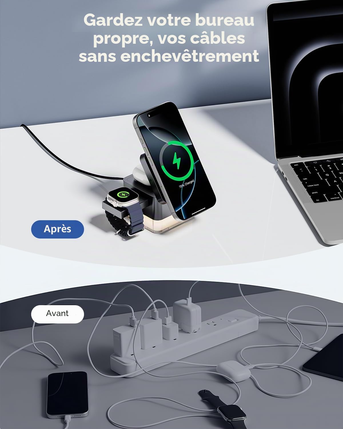 KPON Station de Charge pour iPhone et Apple Watch, Station de Charge iPhone 4 en 1 Cube Pliable avec Charge Rapide 15W et veilleuse, Chargeur Compatible avec iPhone