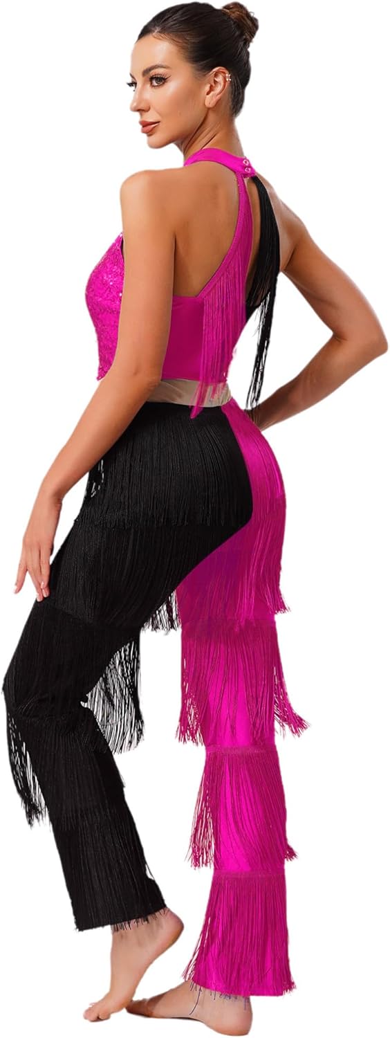 JEATHA Women's Latin Tassel Dance Jumpsuit Fringe Long Pants Ballroom Dance Costume Rumba Tango Salsa Dress