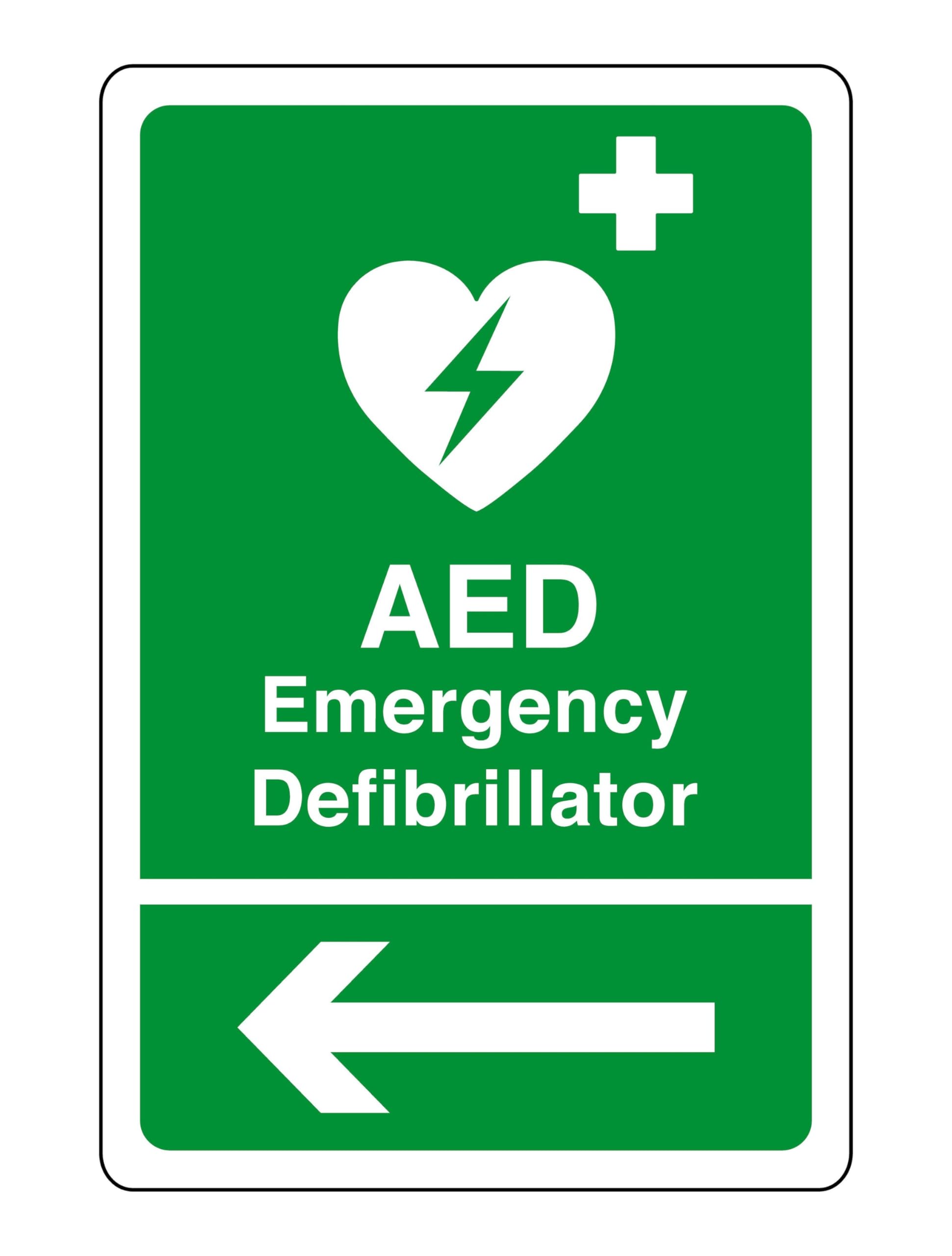 AED Emergency Defibrillator arrow left safety sign - 1.2mm Rigid plastic for indoor/outdoor usage (400mm x 300mm) Viewing Distance within 14m.