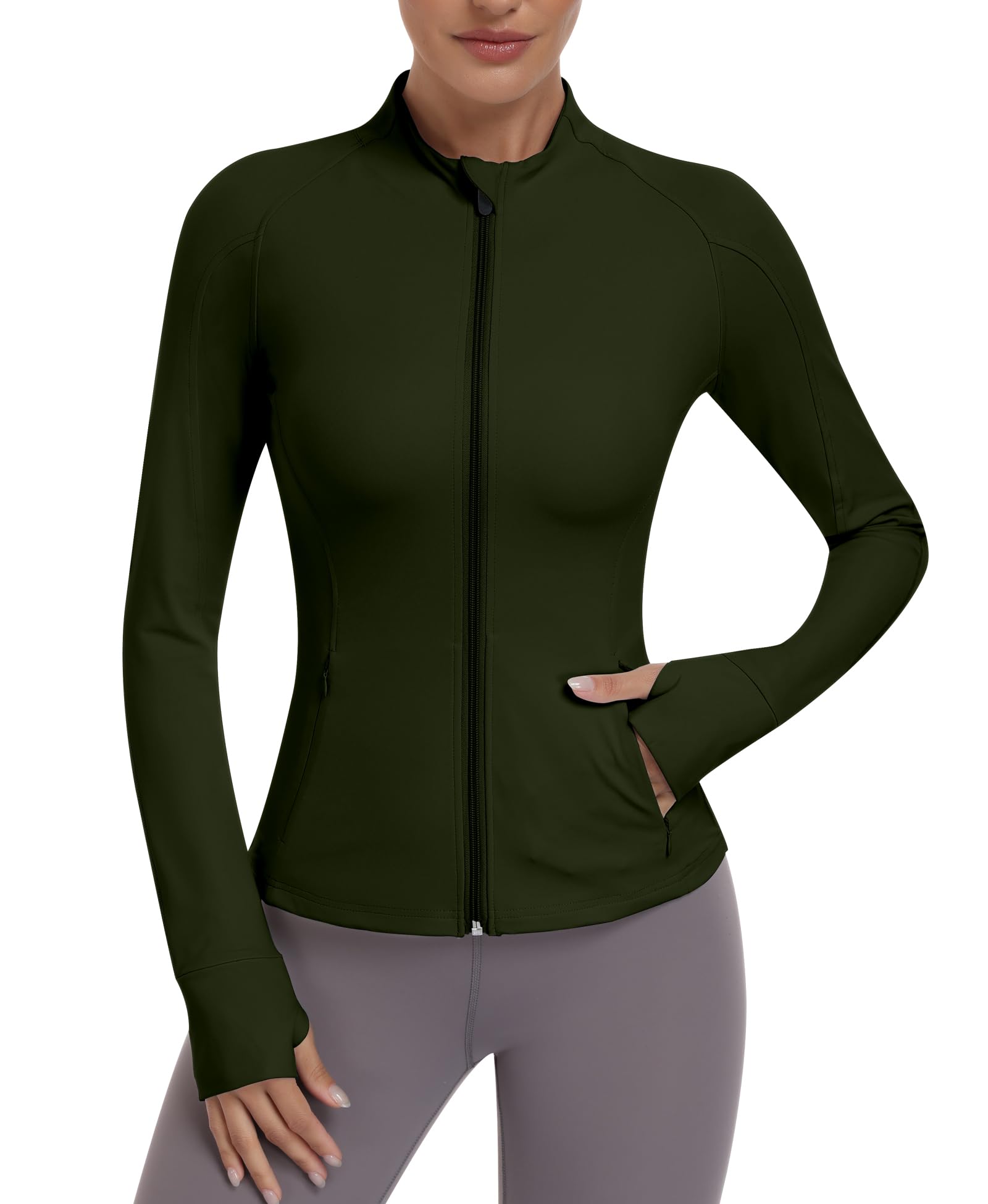 JoyGirl Chaqueta deportiva para mujer, con cremallera, bolsillos para el gimnasio, yoga, fitness, chaqueta ligera con agujero para el pulgar