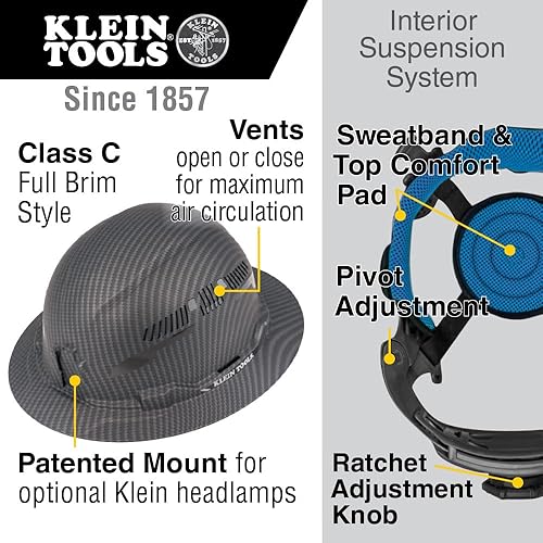 Miniatura 2 de Klein Tools 60626 - Casco duro, ala completa ventilada con diseño KARBN premium, casco duro tipo 1 clase C, suspensión de trinquete de 4 puntos