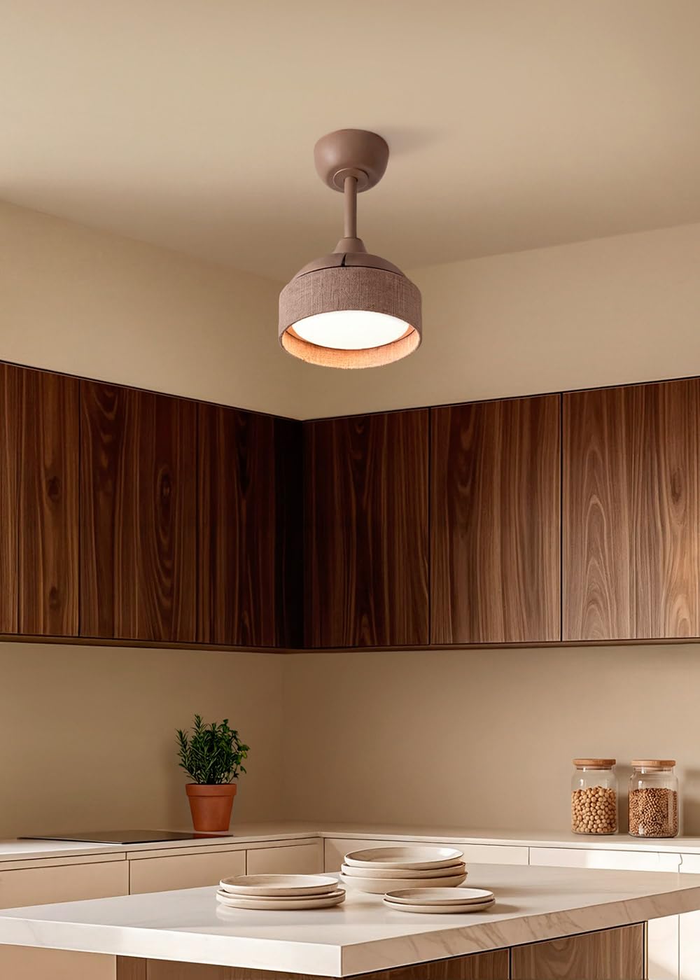 CREATE / WIND CLEAR LAMP/Ventilador de techo con luz lino moca con mando / 40W, Silencioso, Ø55 cm, 6 velocidades, aspas retráctiles, programable, función verano-invierno, luz led 3 temperaturas