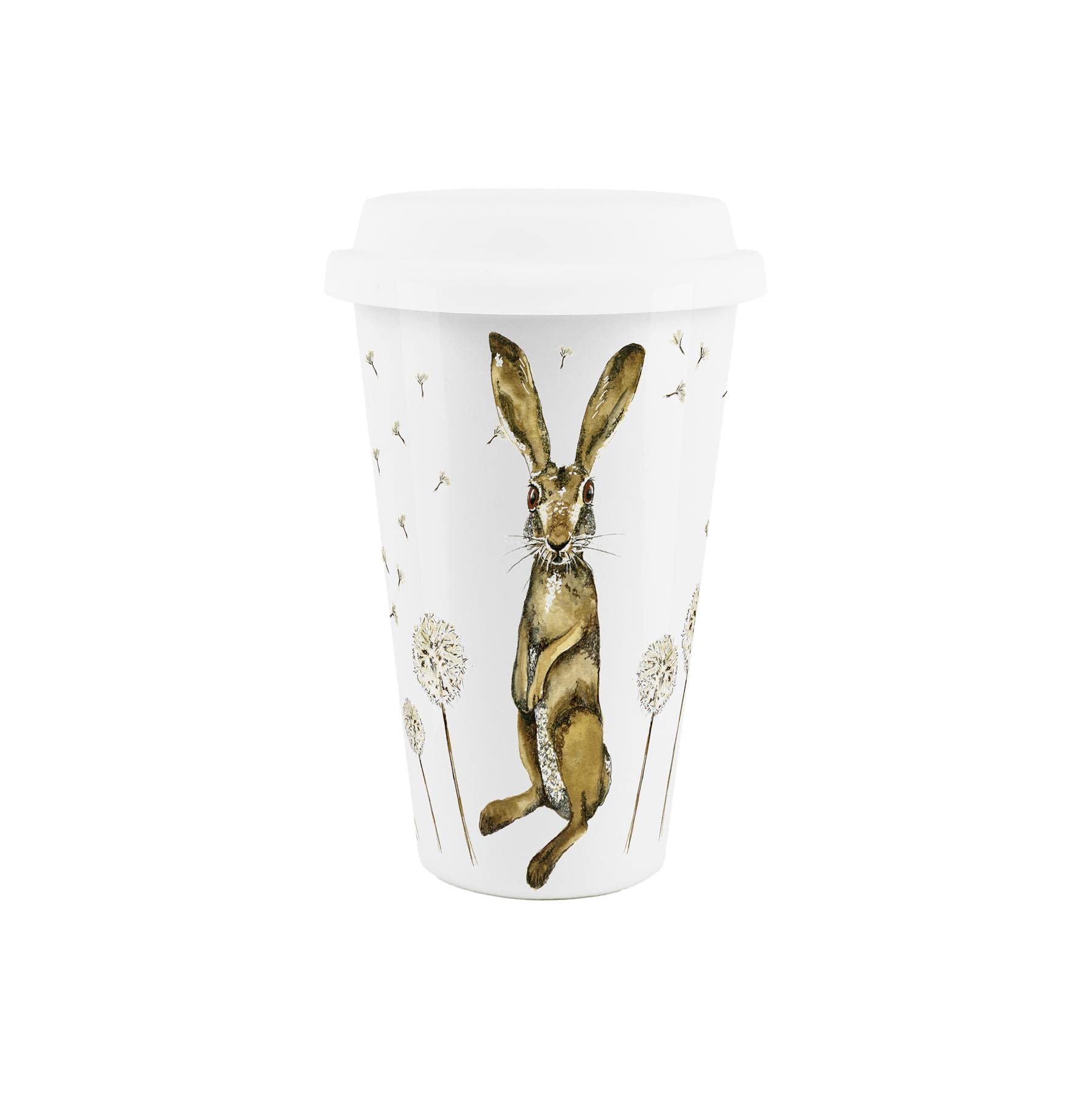 Reusable Ceramic Travel Mug - Hares & Dandelions - Silicone Lid Double-Walled Insulated Hot/Cold Drinks Tea Coffee Gift Mug