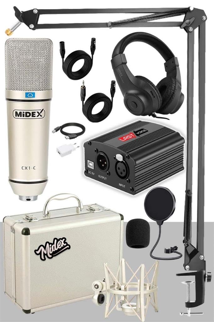 Midex CX1-PH Kondanser Stüdyo Mikrofon Phantom Power Kulaklık Stand Full Set