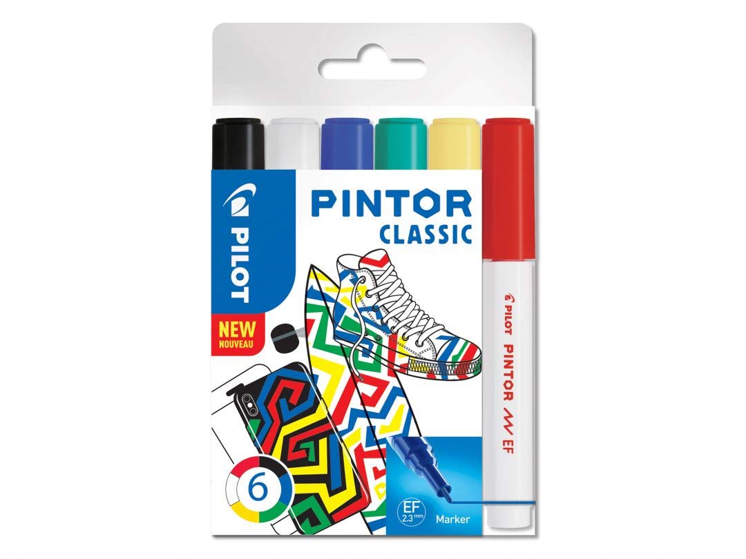 Pintor, Wallet of 6 Creative Multi-Surface Water-Based Permanent Markers - Quick Dry - For Fabrics, Glass, Wood, Stone, DIY/Amateur Artists - Extra-Fine Tip - Assorted Classic Colors