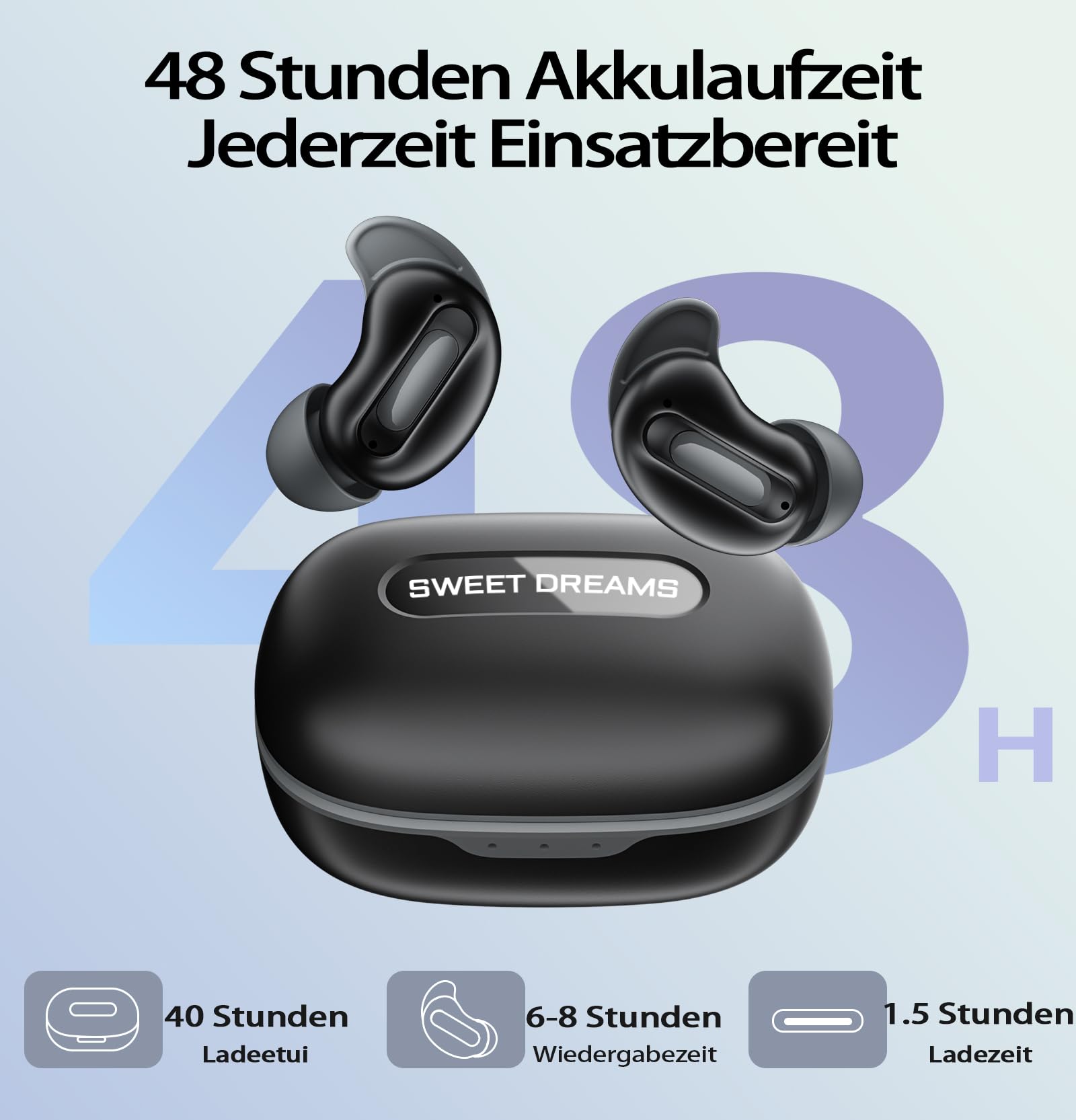Bluetooth Kopfhörer, Schlafkopfhörer, In-Ear Kopfhörer Kabellos Bluetooth 5.4, Hi-Fi Sound mit ANC+ENC 4 Mikrofone 48H Kopfhörer, IPX7 Schlafmodus ohne Warnungen komfortabel Seitenschläfer Samtschwarz