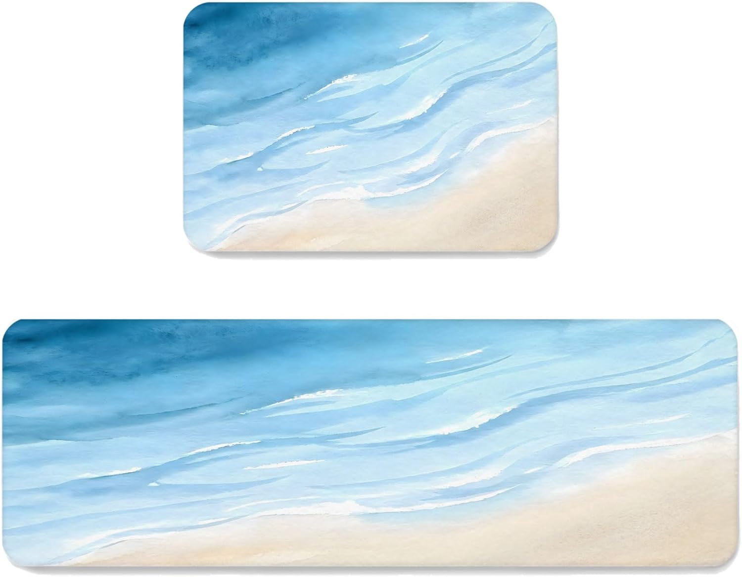 Blue Summer Beach Kitchen Mats Set of 2 Coastal Nautical Ocean Wave Watercolor Non Slip Mat Washable Floor Rug for Kitchen Sink Floor Laundry, 19.7"x31.5"+19.7"x63"