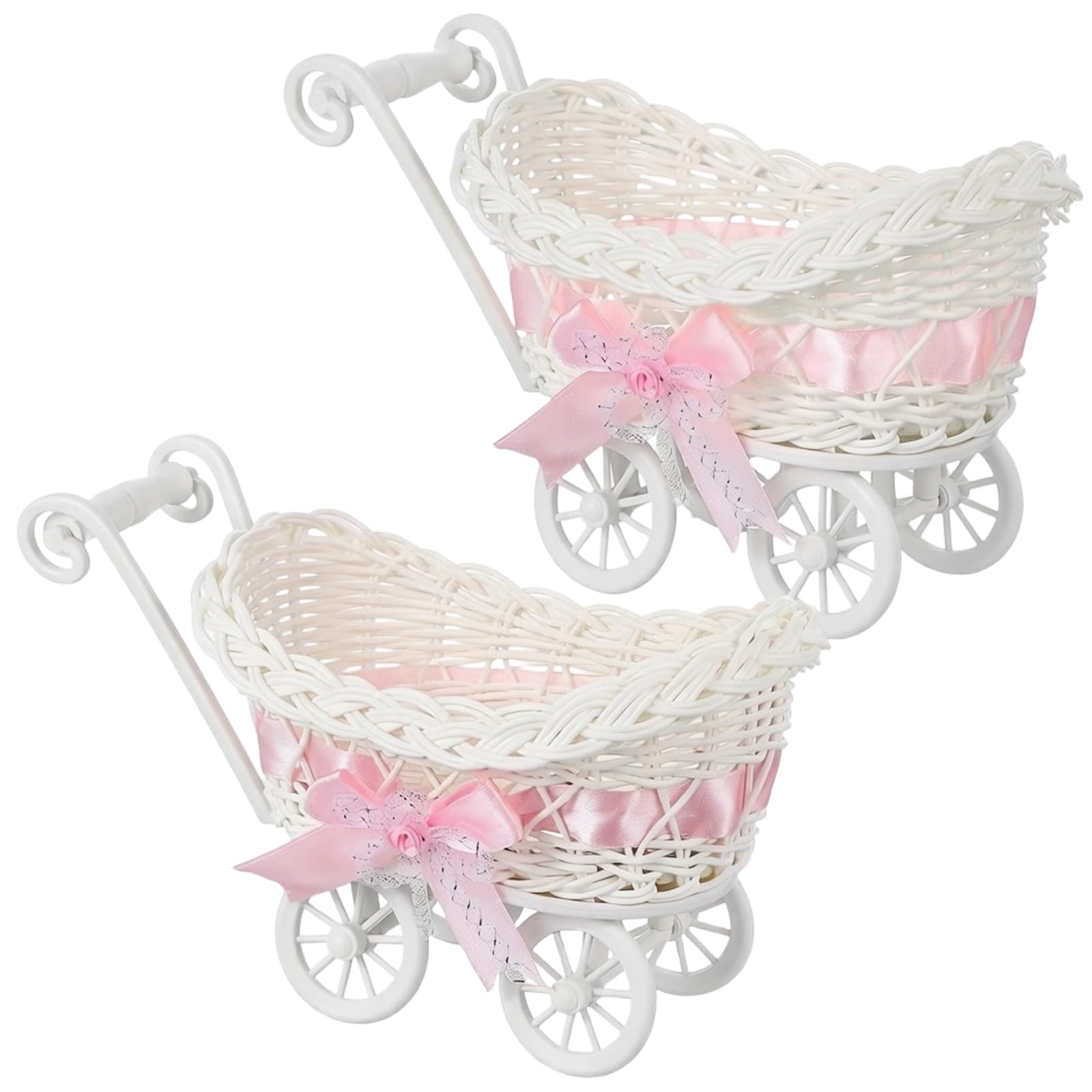 of 2 Adorable Woven Artificial Rattan Trolley Candy Basket Miniature Baby Strollers for Baby Showers Snacks Storage Strollers Flower Basket
