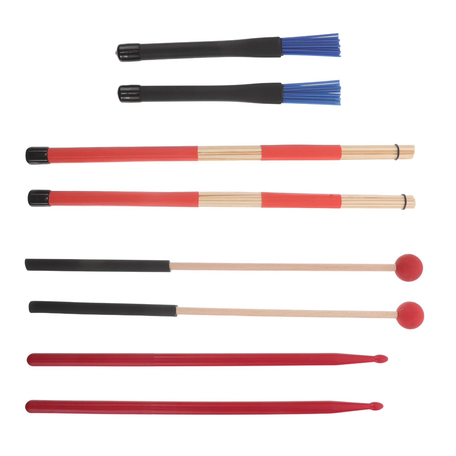 Schlagzeug Zubehörset 8 Stück mit Drumsticks, Besen und Tasche | Holz, Nylon, Kunststoff und Metall, Rote Ausführung, für Jazz, Blues und Akustische