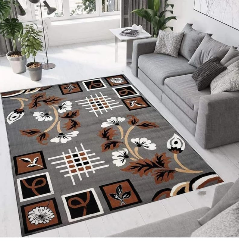 Image of Floral Design Acrylic Polyester Carpet for Living Room 12x15 Feet Color Grey(360x450Cm), Large Rectangle