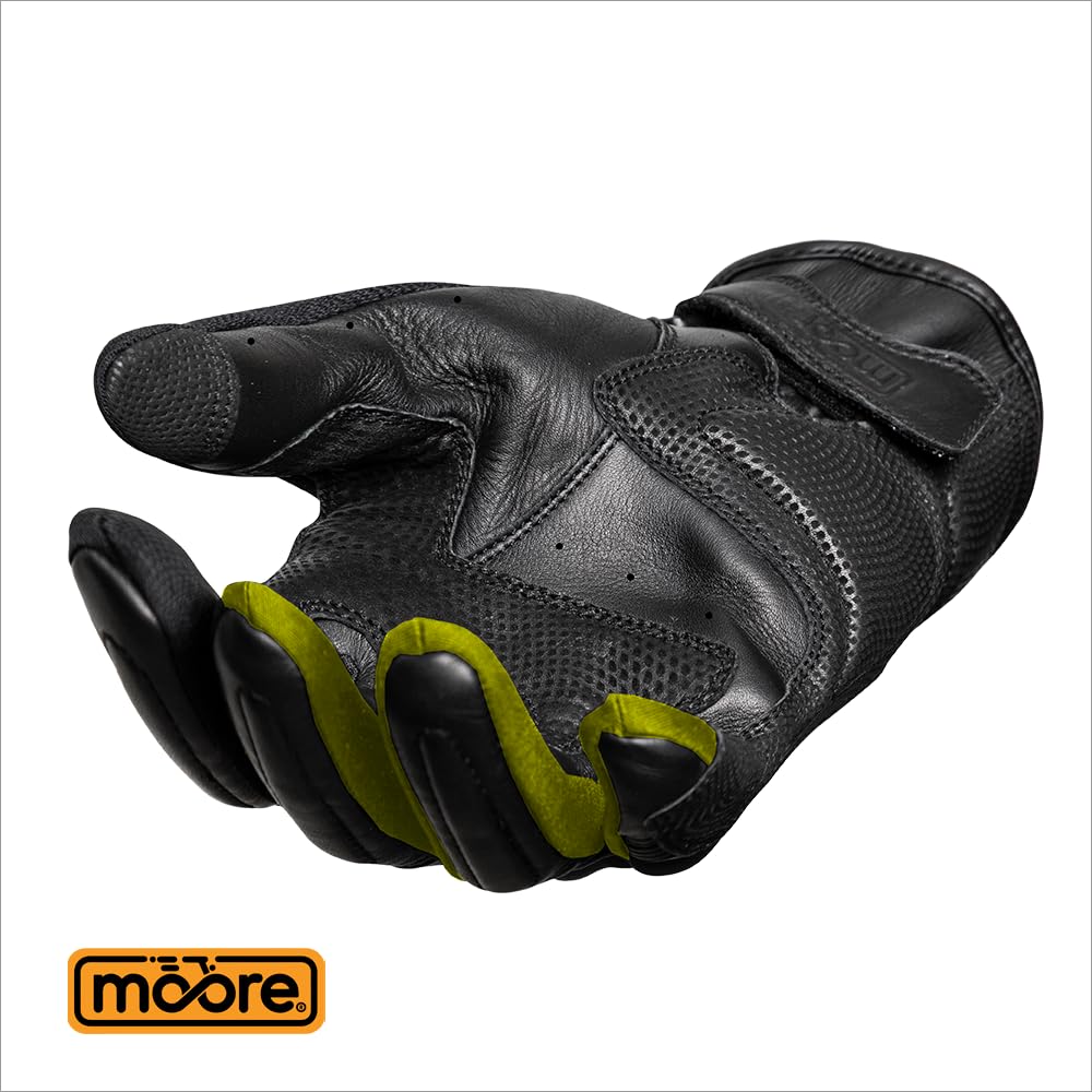 Moore Guantes de Moto 360 S Negro y Fluo – Impermeables, Piel Bovina, Protección CE.