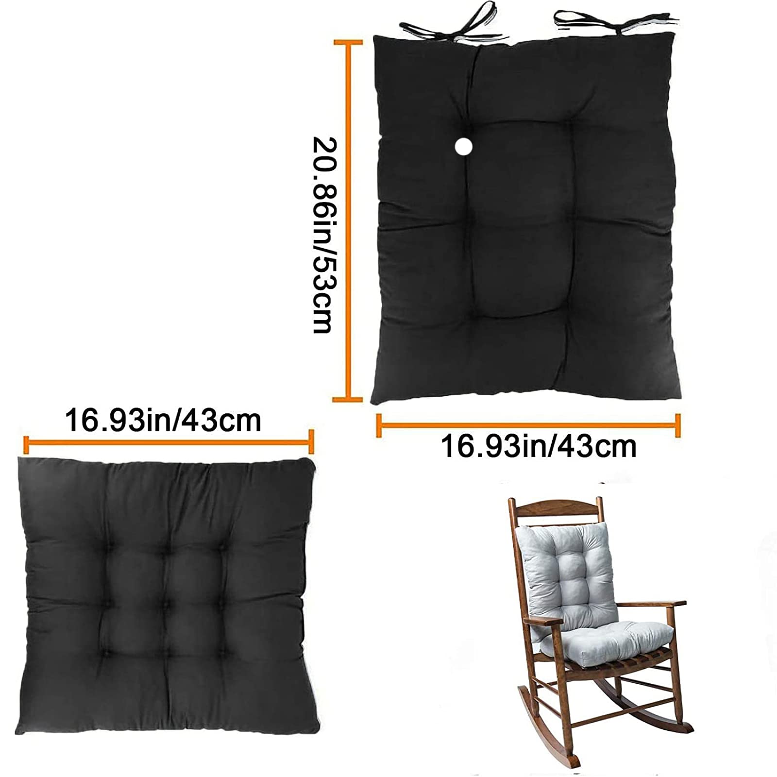 cushion 2 Piece Non-Slip Seat/Back Cushion, Indoor Outdoor Chair Cushion Set, Rocking Chair Cushion Set with Ties, Black
