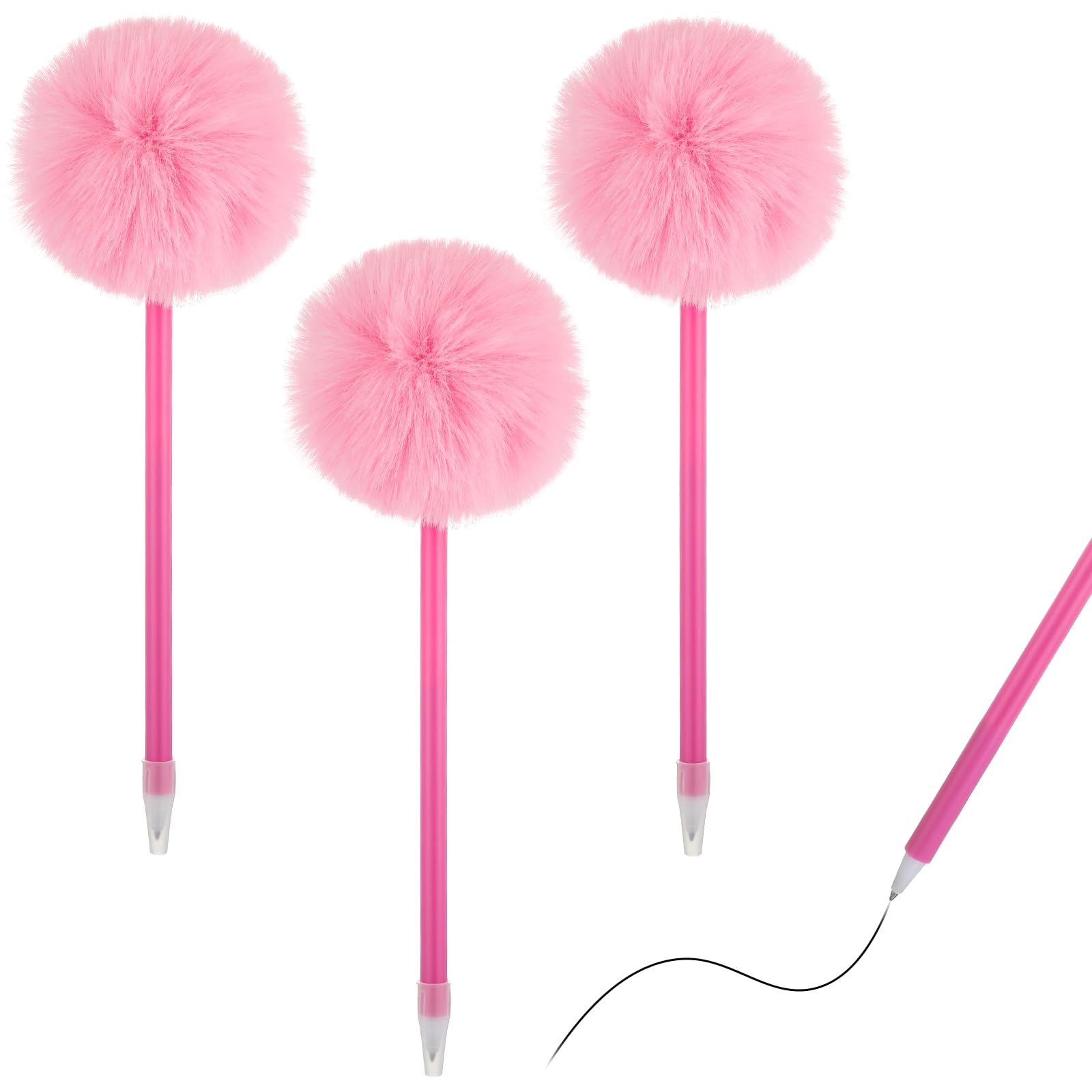 TIESOME 3 Pcs Pom Pom Pen, Fuzzy Pen with Fluffy Ball (8.27 Inch/21cm), Pink Plastic Ballpoint Pens for Women, Girls, Office & School Supplies, Party Favors, Valentine's Day Gifts(Pink)
