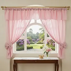 Cortina Bandô Quarto Bebê Menina Ursinha Rosa Com Poá Bolinha Marrom 100% Poliéster 2,20x1,70m Varão Duplo 2m Infantil