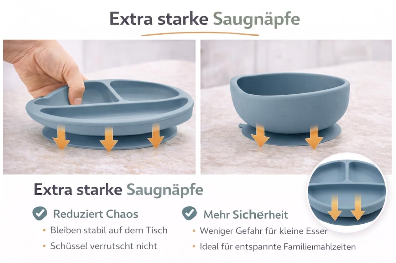 Eliano Set di stoviglie per bambini in silicone da 6 pezzi – piatto antiscivolo, ciotola, bicchiere con cannuccia, forchetta, cucchiaio, bavaglino – lavabile in lavastoviglie, senza BPA, adatto al