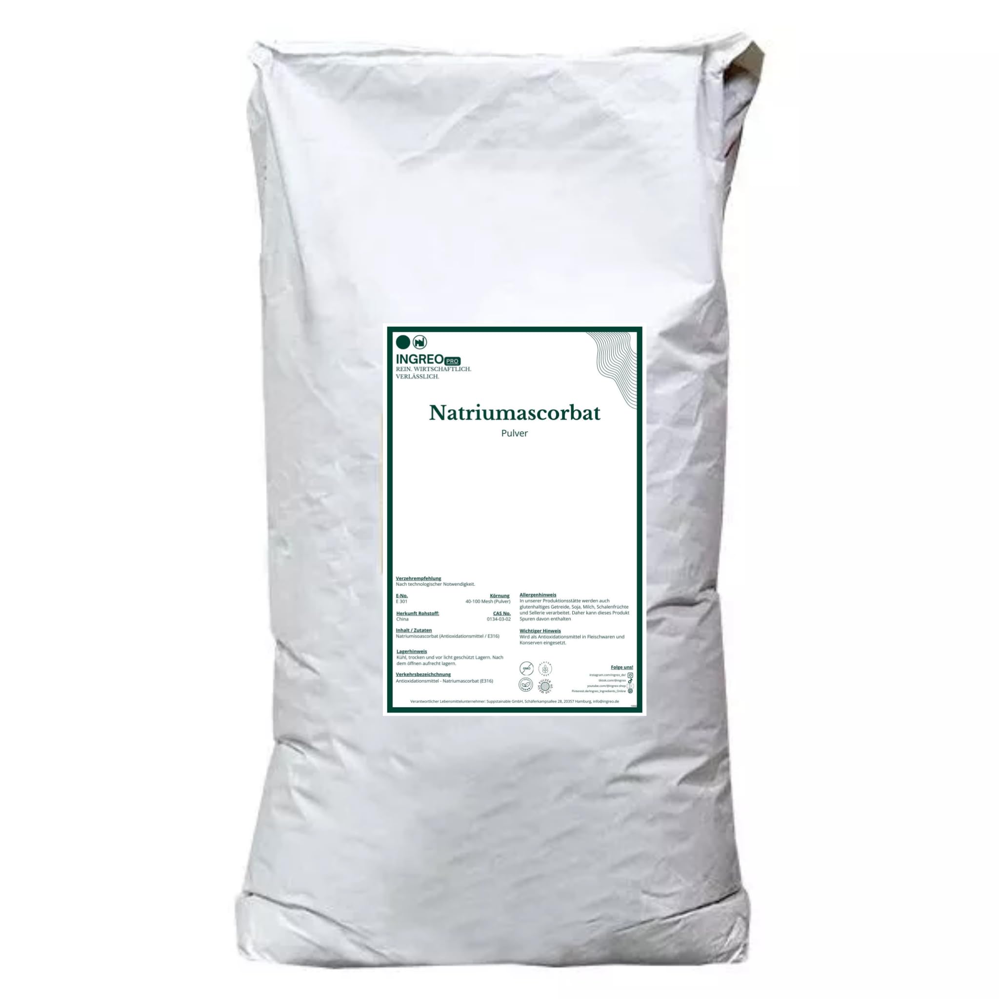 Natriumascorbat Pulver (E301) – gepuffertes Vitamin C in Lebensmittelqualität | 100% rein, feinlöslich & säurearm | Antioxidationsmittel für Supplementherstellung (25kg)