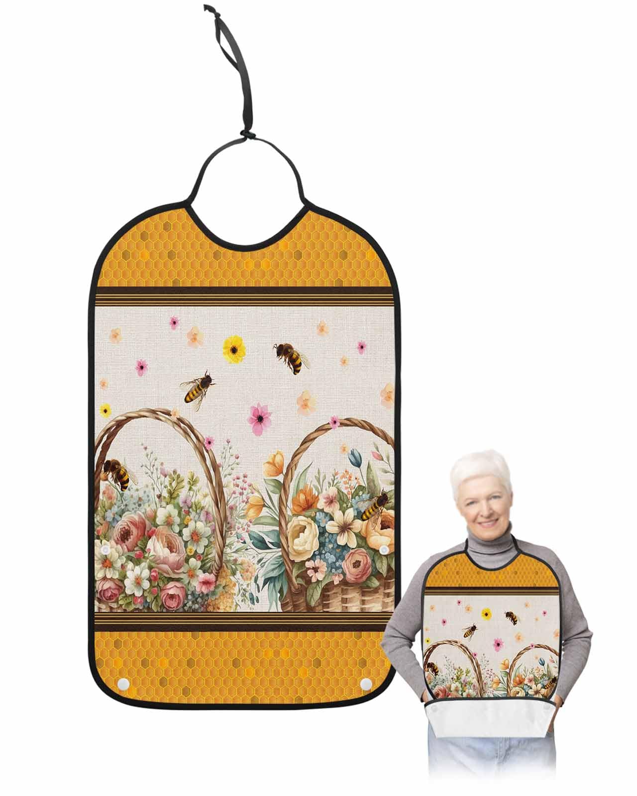 LEOKOTI Summer Flowers Adult Bibs for Eating, Waterproof Bibs with Food Catcher & Adjustable Snap Closure, Orange Honey Bee Botanical Rustic Washable Clothing Protectors Adult Bibs for Elderly