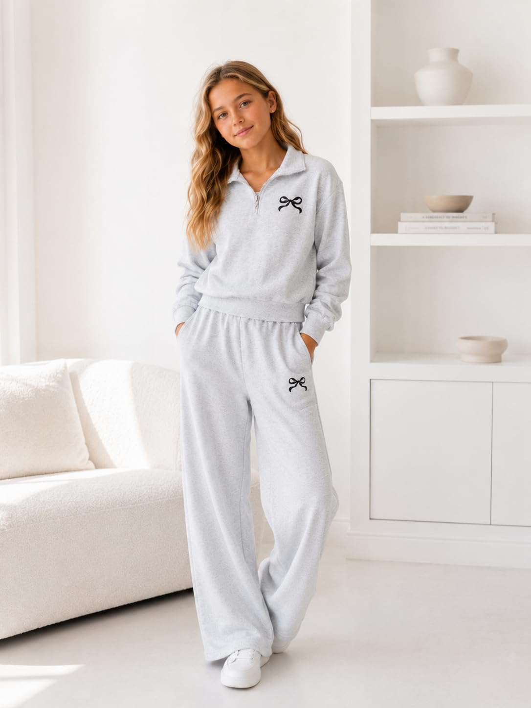 Cakaner Girls 2 Piece Outfit Set Half Zip Pullover Sweatshirt & Wide Leg Pants Sets Tween Girls Fall Clothes Size 8-13