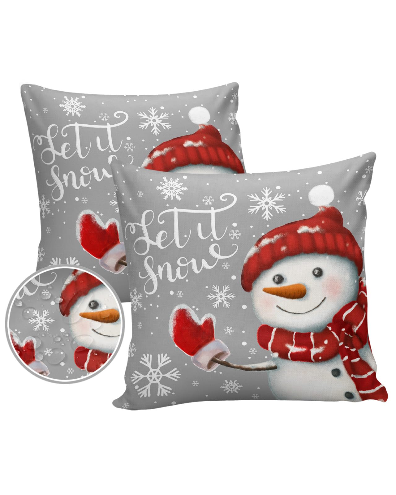 Outdoor Throw Pillow Covers 20x20 Waterproof Winter Snowman Merry Christmas Outdoor Pillows Decorative Pillow Covers Cushion Covers Pillowcase for Tent Patio Garden Couch Set of 2,Grey White Snowflake