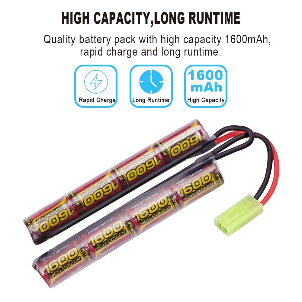 2 pezzi Airsoft Batteria Softair Batteria NiMH Batteria 9.6V 1600mAh per Airsoft AEG, AK47, MP5K, MP5 PDW, RPK, PKM, M4, M110, SR25, M249, M240B, G36, M14 con Connettore Tamiya