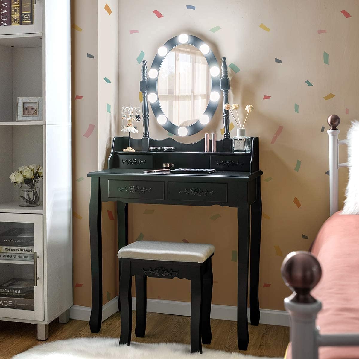 MAT EXPERT Vanity Desk Set with Lighted Mirror, Versatile Dresser w/Padded Stool & 4 Drawers, Makeup Organizer Table w/360° Rotatable Mirror & 10 Adjustable Light, Modern Bedroom Vanities (Black)