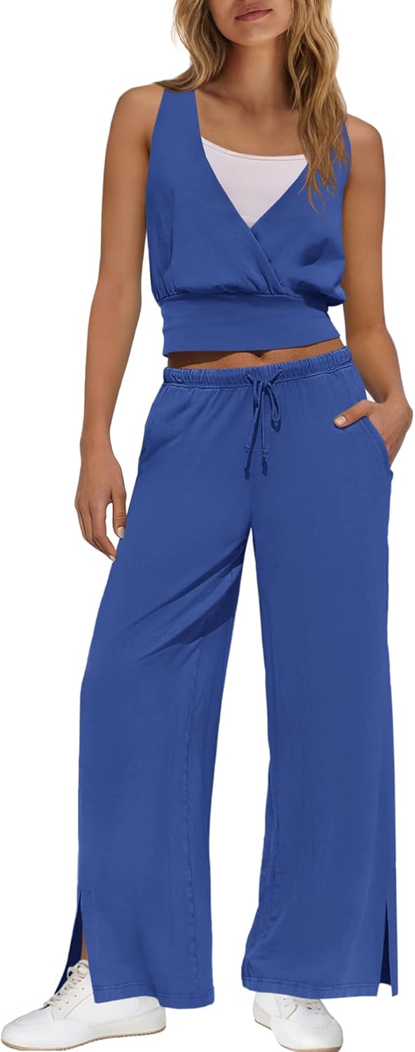 Yanekop Womens 2 Piece Sets Summer Lounge Sets Pilates Wrap V Neck Tops Wide Leg Pants Beach Vacation Trendy Clothes